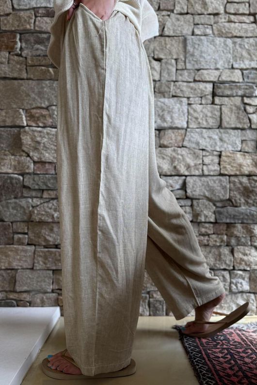 Lindin Linen Blend Crochet Flower Barrel Pant Washed Sandstone